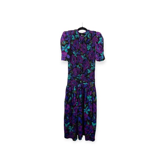 Vintage 1980s Floral Puff Sleeve Dress ACT 1 Made In USA Purple - Picture 1 of 11
